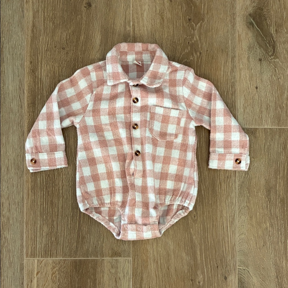 Pink and White Plaid Flannel Baby Onesie 12-18M